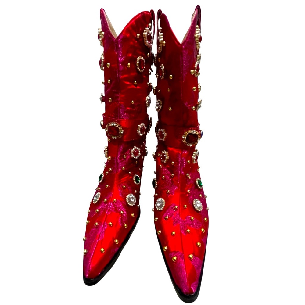 πΌπππNWOT AZALEA WANG DILIGENT RED BROCADE AND GEMS WESTERN BOOTIE. No box - Picture 12 of 15
